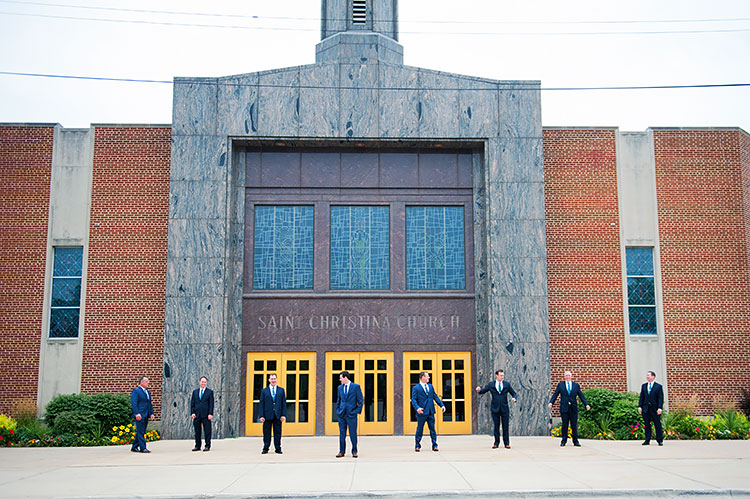 Groomsmen Outside of St. Christina's church Chicago